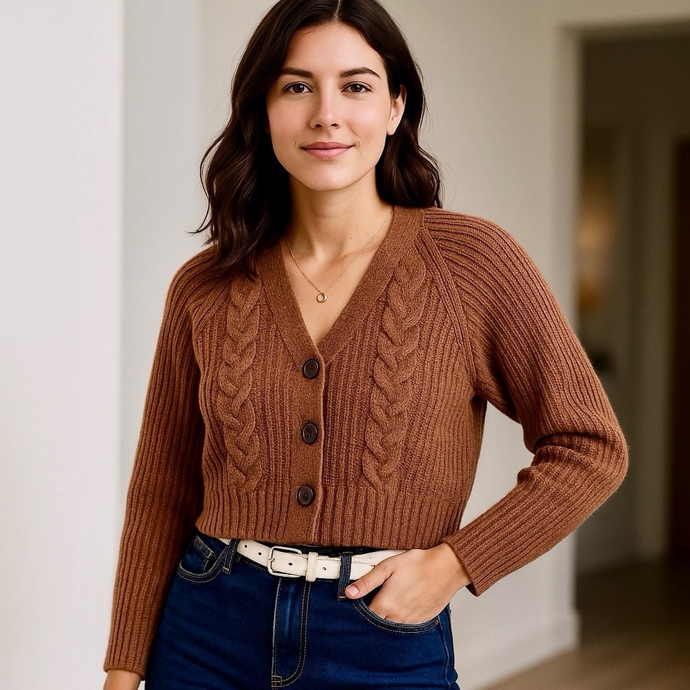 Charlie Paige S/P Cropped Cable Knit‎ Button Cardigan in Chestnut Brown